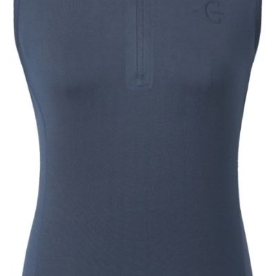 Colete feminino azul escuro com gola e fecho de correr frontal