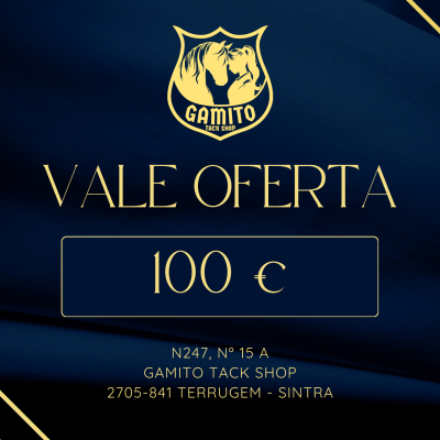 Vale oferta GAMITO TACK SHOP de 100 euros em fundo azul escuro e dourado
