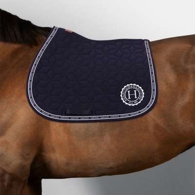 Cavalo com manta de sela azul escura e logótipo HARCOUR