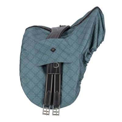Sela de cavalo azul com padrão e cintos pretos