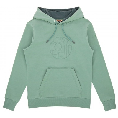 Sweatshirt verde água com capuz cinzento escuro e detalhe circular em relevo no peito