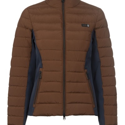 Casaco acolchoado castanho com detalhes azul escuro