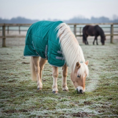 Pônei com manta verde acolchoada pastando num campo com cerca de madeira e outro cavalo ao fundo