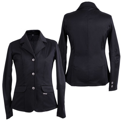 Blazer feminino preto visto de frente e costas