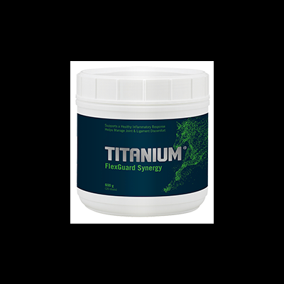 Pote branco com embalagem azul escura do suplemento Titanim FlexGuard Synergy