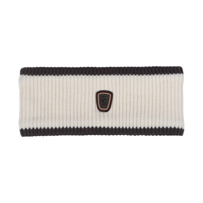 Faixa de cabeça de malha branca com bordas pretas e emblema central.