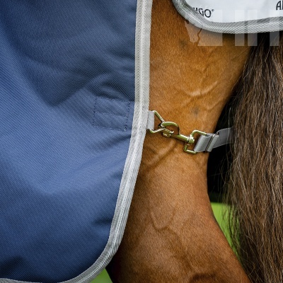 manta azul com bordas cinzentas fixada com fivela num cavalo castanho