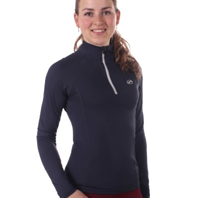 Camisola feminina azul escuro manga comprida com fecho e logo branco