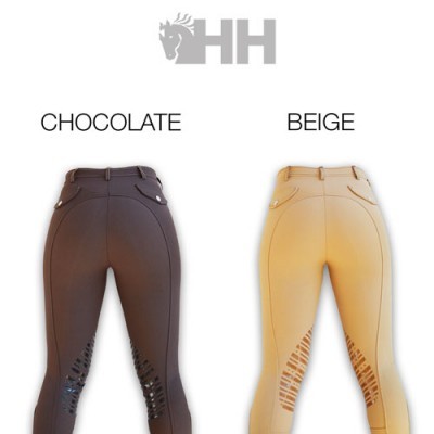 Duas calças justas castanho chocolate e bege com padrão antiderrapante e logótipo HH