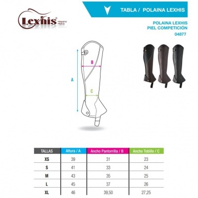 Tabela de tamanhos e ilustração de polainas Lexhis em pele competição com medidas e cores