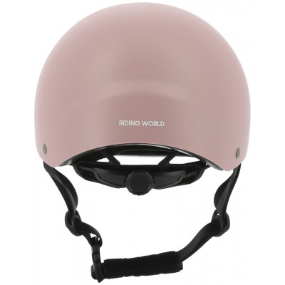 Capacete rosa claro com cinta preta e texto 'RIDING WORLD' na frente