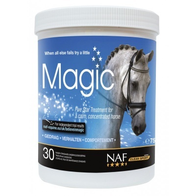 Recipiente branco de suplemento para cavalos NAF com cavalo cinza e design azul