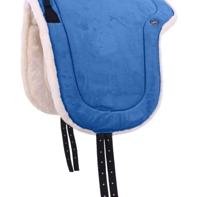 Sela azul com interior felpudo bege e tiras pretas