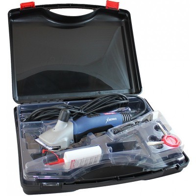 Máquina de tosquia azul e branca dentro de estojo preto com tampa transparente