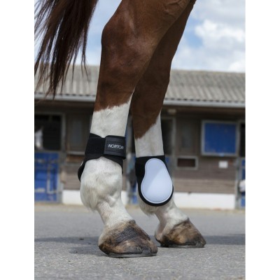 Proteção para casco de cavalo com tiras pretas e frontal branco nas pernas do cavalo