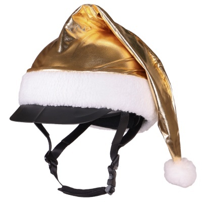 Capacete com gorro natalício dourado e pompom branco