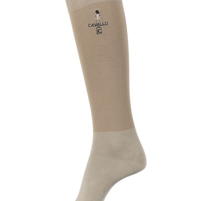 Meia alta bicolor bege com bordado de cavalo e texto CAVALLO