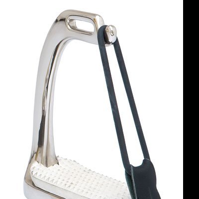 Estribo de equitação em metal prateado com base antiderrapante branca e tira preta