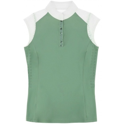 Top feminino verde e branco sem mangas com gola e fecho frontal