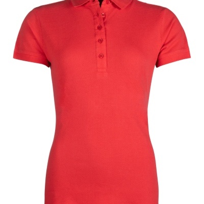 Polo vermelho feminino de manga curta com gola e botões