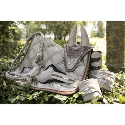 Conjunto de equipamentos e acessórios para equitação em tons de bege e cinzento sobre folhagem