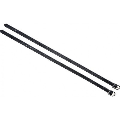 Dois tirantes finos de couro preto com fivelas metálicas prateadas