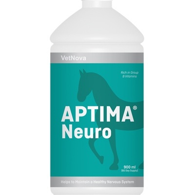 Frasco de suplemento APTIMA Neuro para cavalos com rótulo verde e branco