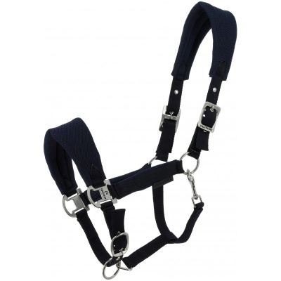Cabresto de cavalo azul escuro com fivelas metálicas e fecho de encaixe