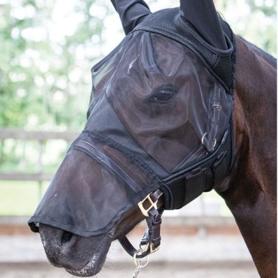 Cavalo com máscara protetora preta que cobre rosto e orelhas