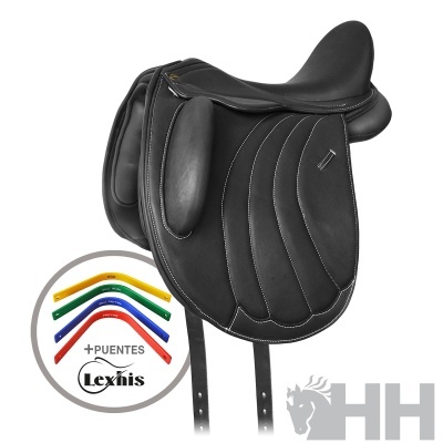Sela de equitação preta em couro com costuras brancas ao lado de peças coloridas e texto Lexhis