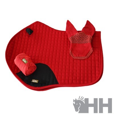 Conjunto de equitação vermelho com manta, venda e boné para orelhas