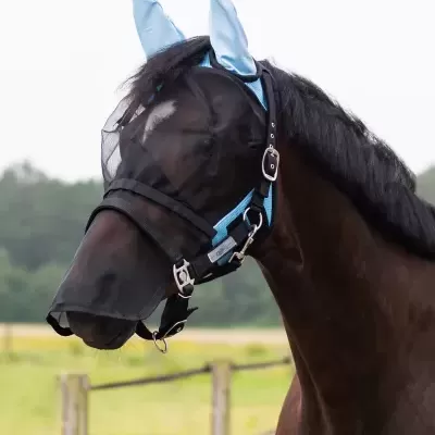Máscara de proteção preta com detalhes azuis para cavalo ao ar livre