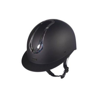Capacete de equitação preto fosco com detalhe cromado e correia preta ajustável