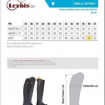Tabela de tamanhos e características das botas Lexhis Nara com elástico e imagem das botas pretas de cano alto
