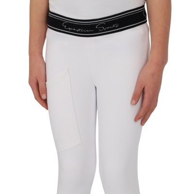 Leggings brancas com bolso e cintura elástica preta com texto