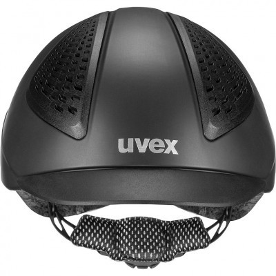 Capacete de ciclismo preto com ventilação e logo uvex