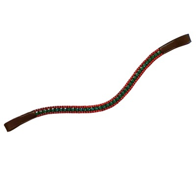 Tira decorativa para arreio com pedras vermelhas e verdes e base em couro castanho