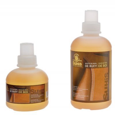 Duas garrafas com óleo de pata de boi e rótulos castanhos da marca SUHIS