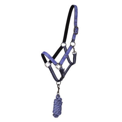 Cabresto para cavalo azul e preto com corda trançada azul