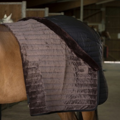 Manta para cavalo de duas faces, tecido preto acolchoado e castanho claro riscado, no interior de celeiro