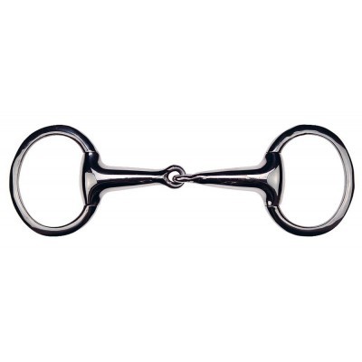 Freio metálico prateado para cavalo com argolas ovais e peça central articulada