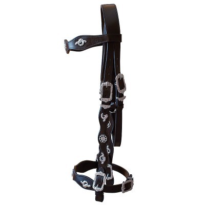 Cabeçada de couro castanho escuro com detalhes bordados e fivelas metálicas