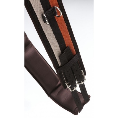 Cincha para cavalo castanha com cinta tricolor e fivelas de metal