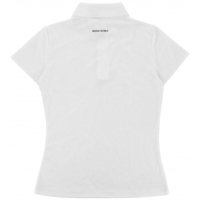 Camisola polo feminina branca de manga curta com texto nas costas
