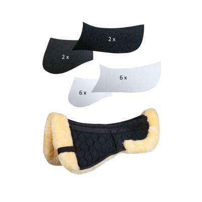 Almofada para sela preta com rebordo em pele castanha clara e quatro peças de tecido numeradas