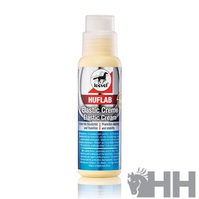 Frasco de creme elástico HUFLAB da marca Icovet em embalamento branco, azul e vermelho