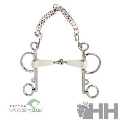 Freio pelham de metal prateado com boca plástica branca e corrente