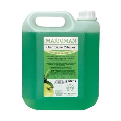 Frasco plástico verde translúcido de 5 litros de champô para cavalos com aroma de maçã