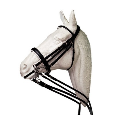 Cabeça de manequim de cavalo com rédea e cabresto de couro preto