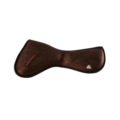 Protector de sela de cavalo castanho com detalhes em preto e vermelho